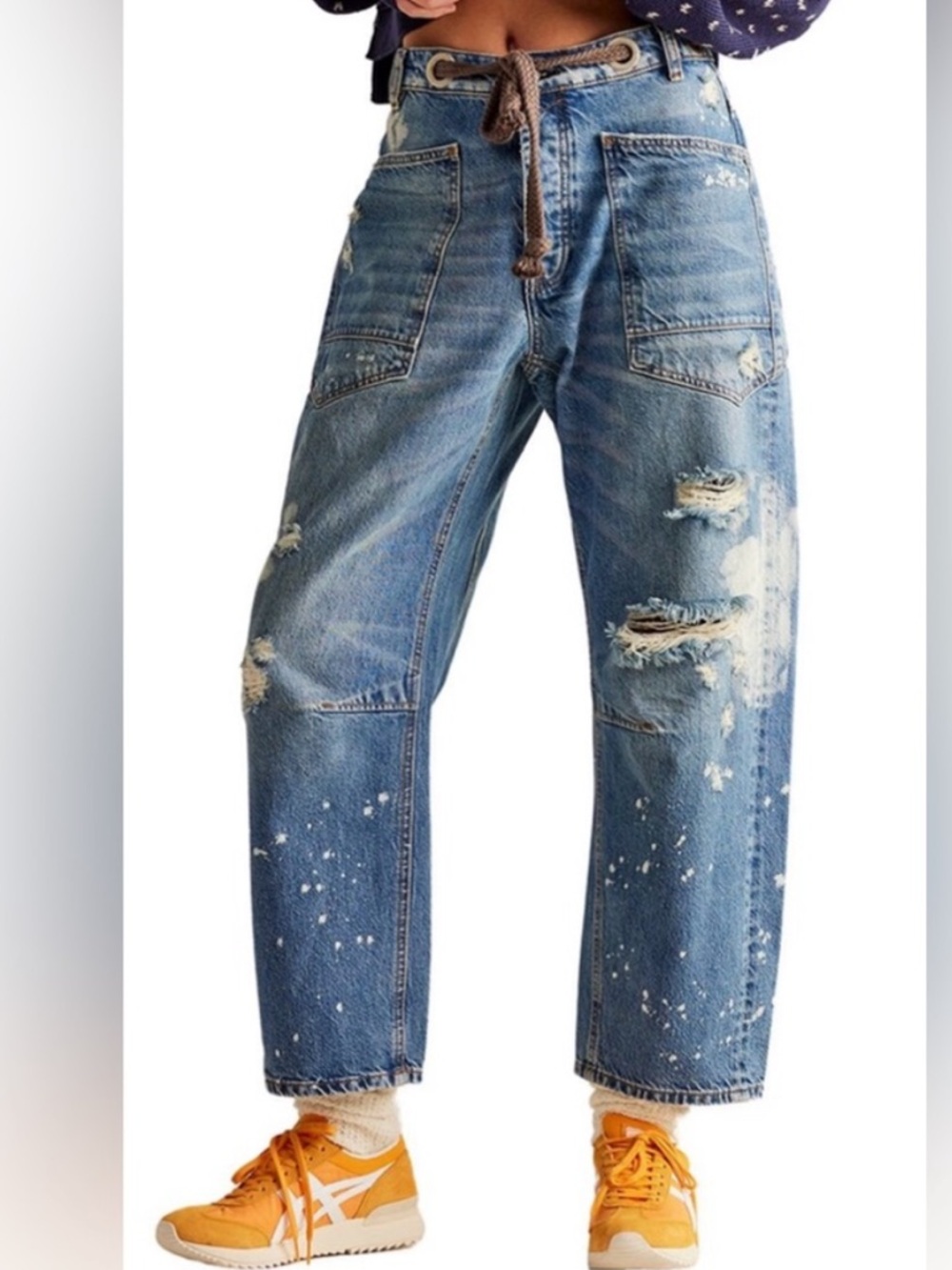 We The Free Moxie Distressed Paint Splatter Jeans NWT Burgundy Belt